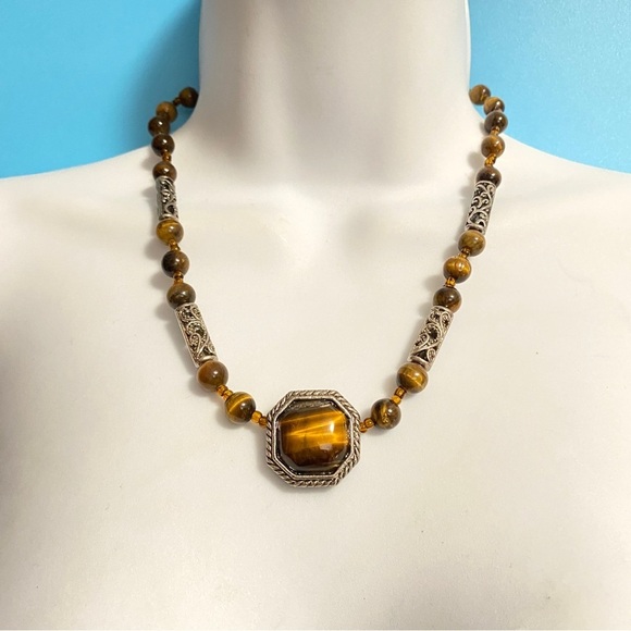 Tigereye Natural Stone Pendant & Seed Beads Necklace Silvertone - Picture 1 of 10